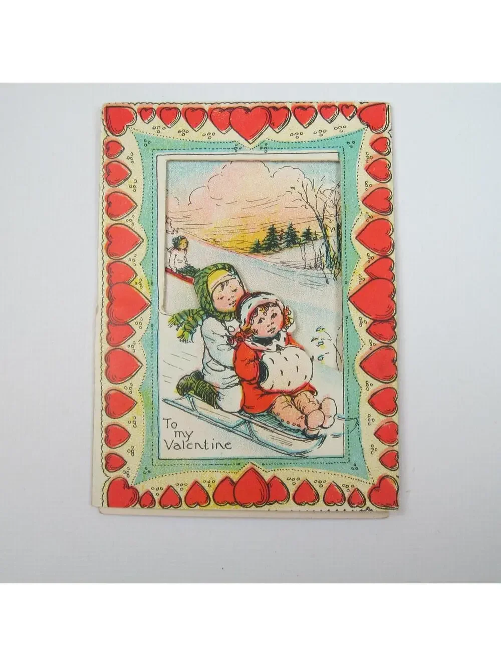 Vintage Valentine Die cut Fold 3D Card Girl Boy Snow Sledding 1920s-30s UNSIGNED